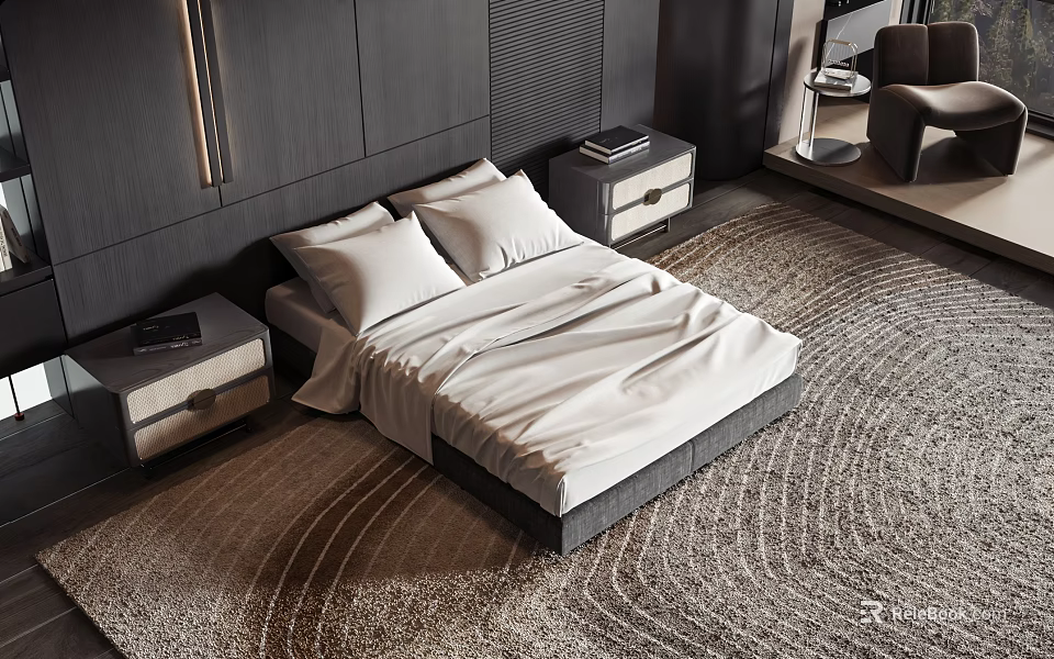 Stylish Double Bed With White Bedsheets Pillows Nightstands On Rug In Dark Bedroom Interior 3d model 