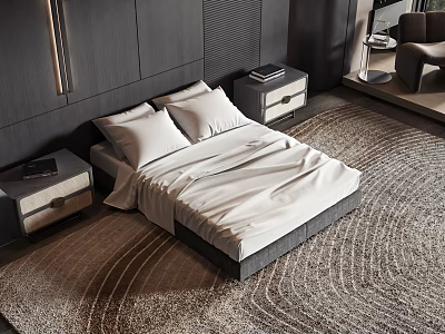 Stylish Double Bed With White Bedsheets Pillows Nightstands On Rug In Dark Bedroom Interior 3d model