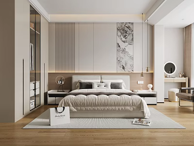 Modern Bedroom Interior With King Size Bed Wooden Flooring And Abstract Painting 3d model