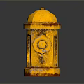 Yellow Rusted Fire Hydrant With Chain Details And Bottom Reflection On Dark Surface