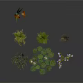 Modern Scene Plant Decoration Featuring Brown Flowers Green Grasses Water Lily Leaves And Purple Blooms