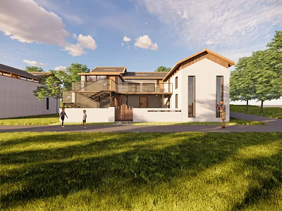 Traditional Modern Guesthouse Building With White Walls Sloped Roof And Green Lawn 3d model