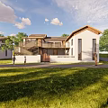 Traditional Modern Guesthouse Building With White Walls Sloped Roof And Green Lawn