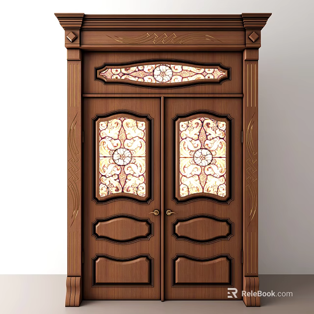 Elegant Wooden Double Doors With Carved Patterns And Stained Glass Windows 3d model 