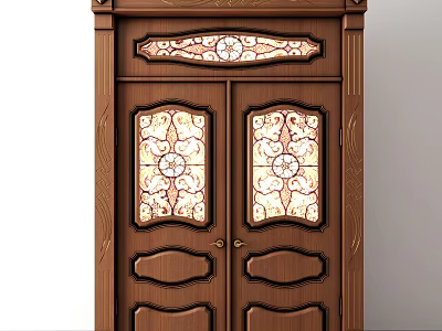 Elegant Wooden Double Doors With Carved Patterns And Stained Glass Windows 3d model