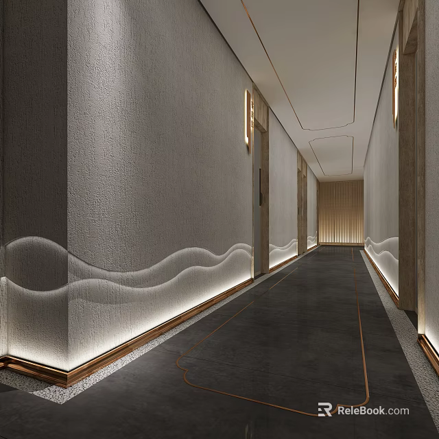 Spa Sauna Corridor With Modern Lighting And Textured Walls 3d model