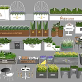 Outdoor Coffee Shop Flower Planters With Green Plants And Brand Logos
