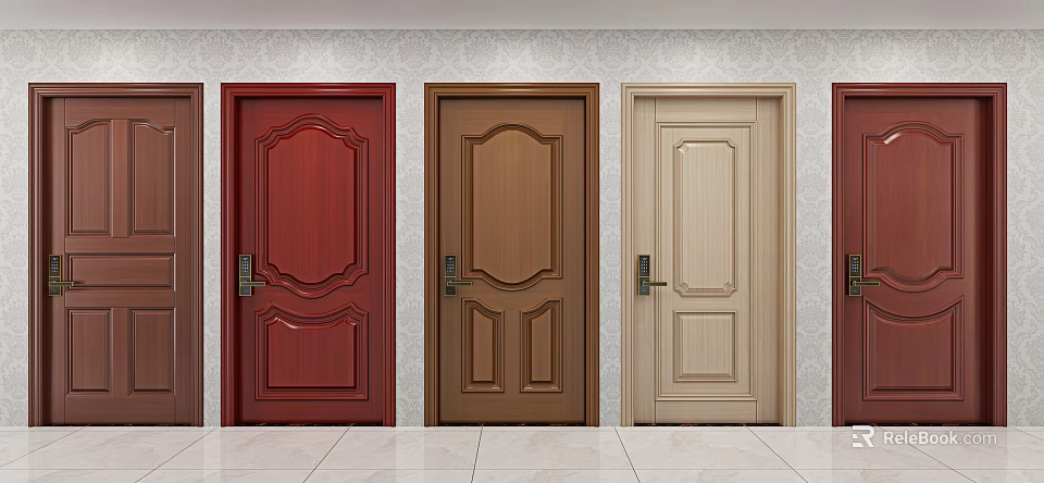 Various Colored Hinged Doors With Carved Panels And Classic Designs In Interior 3d model 