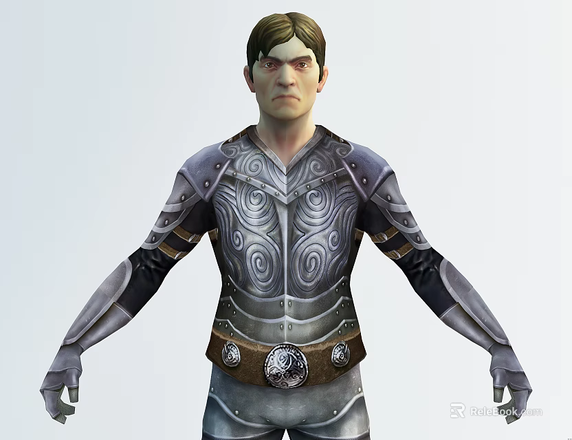 Game Movie Character In Silver Armor With Spiral Patterns And Decorative Belt 3d model 