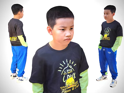 Child Wearing Black T-shirt Yellow Text Green Long Sleeve Undershirt Blue Pants White Sneakers 3d model