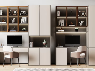 Modern Home Office Setup With Two Desks Computers Chairs Bookshelves And Decorative Cabinets 3d model