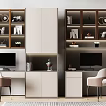 Modern Home Office Setup With Two Desks Computers Chairs Bookshelves And Decorative Cabinets