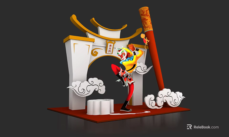 Chinese Archway with Cloud Motifs and Warrior Figure Holding Golden Staff 3d model 