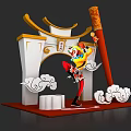 Chinese Archway with Cloud Motifs and Warrior Figure Holding Golden Staff