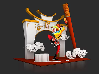 Chinese Archway with Cloud Motifs and Warrior Figure Holding Golden Staff 3d model