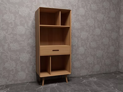 Wooden Bookshelf With Multiple Shelves Drawer And Slender Legs Against Floral Wallpaper 3d model