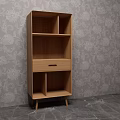Wooden Bookshelf With Multiple Shelves Drawer And Slender Legs Against Floral Wallpaper