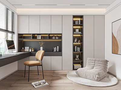 Modern Minimalist Study Room With Built in Cabinets And Cozy Seating 3d model