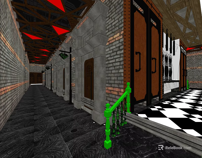 KTV Corridor Interior With Brick Walls Wooden Doors Green Railings And Checkered Floor 3d model 