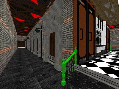 KTV Corridor Interior With Brick Walls Wooden Doors Green Railings And Checkered Floor 3d model