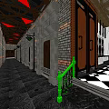 KTV Corridor Interior With Brick Walls Wooden Doors Green Railings And Checkered Floor