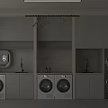 Modern Sleek Laundry Room Bathroom Cabinetry With White Washing Machines Dryers And Plants
