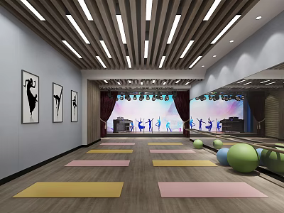 Spacious Fitness Studio With Colored Yoga Mats Dance Silhouette Art And Exercise Balls 3d model