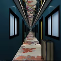 Hotel Corridor With Dark Blue Walls Yellow Door And Colorful Floral Patterned Floor