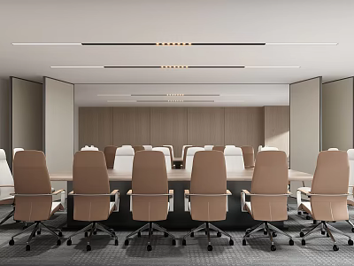 Modern Conference Room Interior With Long Table Beige Chairs And Ceiling Lights 3d model