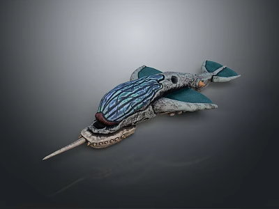 Blue Striped Aquatic Animal With Wing Like Fins And Long Spiked Head 3d model