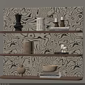 Wooden Wall Shelf with Decorative Vases Candles Books and Bowls on Abstract Wave Pattern Wallpaper