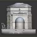 Stone Architectural Model Building With Arched Doorways Gray Roof And Square Base