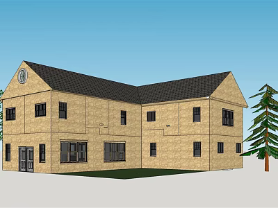 Detached Villa Exterior With Brick Walls Black Roof Multiple Windows And Pine Tree 3d model