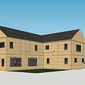 Detached Villa Exterior With Brick Walls Black Roof Multiple Windows And Pine Tree