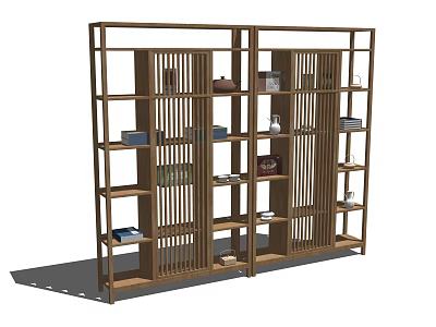 Wooden Multi Tiered Shelf Unit With Slatted Panels For Display And Storage 3d model