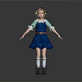 A Woman In Blue Overall Dress With White Top And Green Hair Accessories Standing Pose
