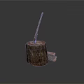 Natural Tree Stump With Axe And Wooden Logs In Rustic Setting