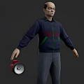 Man In Dark Blue Jacket Red Green Accents Holding Silver Megaphone Gray Pants Full Body