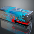 Blue And Silver Household Appliance With Flame Pattern Super Power Label And Red Bottom Part