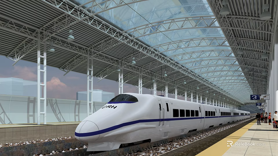Modern High Speed Train At Railway Platform With Transparent Roof And Steel Structure 3d model 
