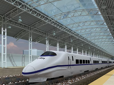 Modern High Speed Train At Railway Platform With Transparent Roof And Steel Structure 3d model