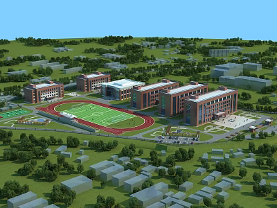 Red Brick School Buildings in Green Campus Featuring Running Track Grass Field and Trees 3d model
