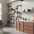 Modern Kitchen With Wooden Cabinets Shelves Ceramic Decor Countertop And Natural Light