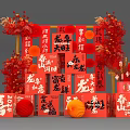 Chinese New Year Red Decorations with Dragon Characters Lanterns and Gift Boxes
