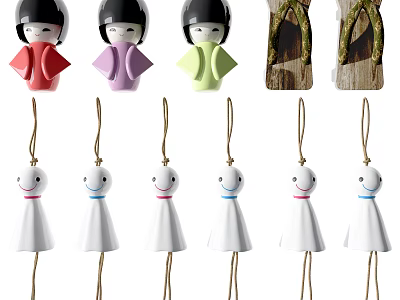 Colorful Hanging Wall Decor with Kokeshi Dolls Wooden Accents and Smiley Ornaments 3d model
