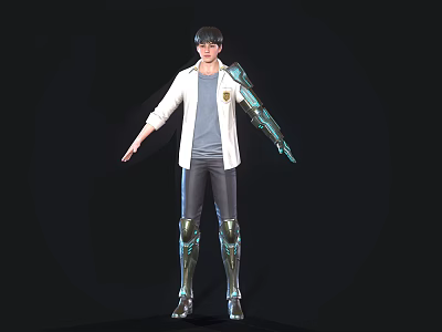 Game Movie Character In White Coat Gray T Shirt Black Pants With Metallic Arm Leg 3d model