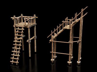 Traditional Wooden House Stilted Structure With Ladder And Platform Frame 3d model
