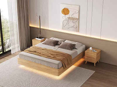 Modern Double Bed Interior Design With Wooden Frame Bedside Table Wall Art And Cozy Rug 3d model