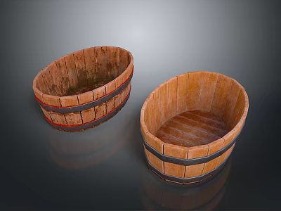 Rustic Wooden Buckets With Oval Shape And Black Hoops On Dark Surface 3d model