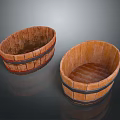 Rustic Wooden Buckets With Oval Shape And Black Hoops On Dark Surface